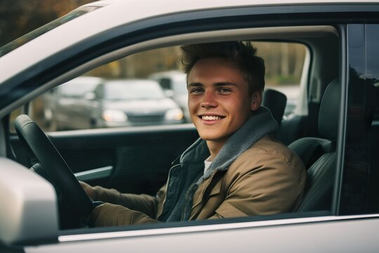 Smiling Young Caucasian Man Behind the Wheel of a Car. Generative AI