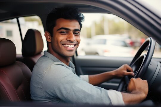 Smiling Indian Man Behind the Wheel of a Car, Generative AI
