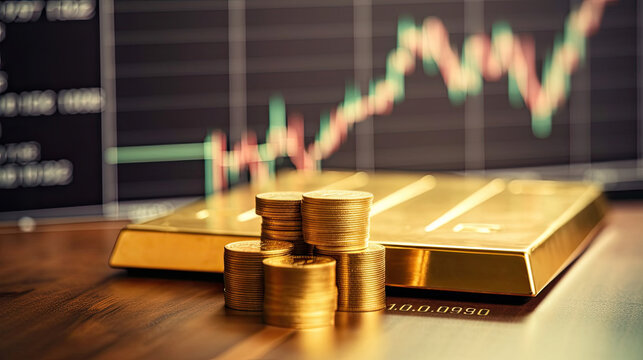 Gold bar resting on a stocks and shares graph representing investment. Concept of gold price in the stock market. Generative Ai - Powered by Adobe