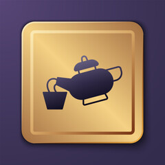 Purple Traditional Chinese tea ceremony icon isolated on purple background. Teapot with cup. Gold square button. Vector