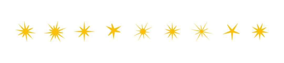 Set of star shapes yellow, gold. Vector design stars sparkles. Templates for design, posters, banners, cards. Flash.