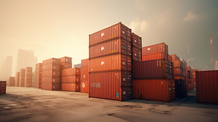 Cargo shipping containers stacked, cross-docking business exports of goods