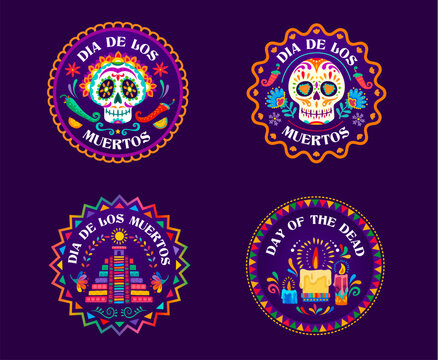 Day of the Dead Dia De Los Muertos mexican holiday circle labels and banners. Vector calavera sugar skulls, candles and aztec pyramid, cartoon flowers and peppers round tags with latin ornament