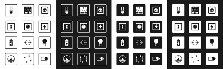 Set Electrical outlet, light switch, LED bulb, Lightning bolt, Ampere meter, multimeter, voltmeter, emitting diode and Battery icon. Vector