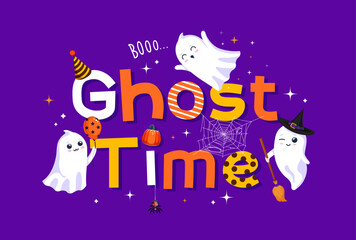 Cartoon Halloween kawaii ghosts, holiday time banner. Vector quote or typography with colorful decorated letters, and cute, adorable phantoms flying around on purple festive Hallowmas background