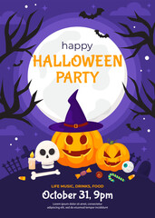 Vector happy Halloween poster template. Holidays party invitation background. Cartoon orange pumpkins, witch bats, full moon, candies, skull on violet. Backdrop, flyer, poster for event.