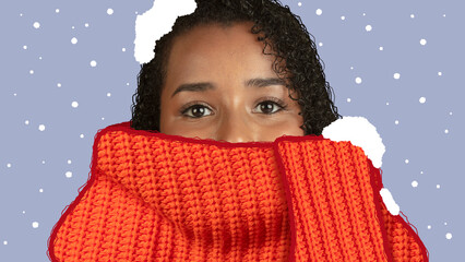 Poster. Contemporary art collage. Modern creative artwork. Young african american woman dressed in warm sweater, scarf under snowfall. - Powered by Adobe