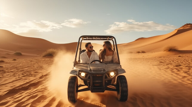 Man and woman driving in a buggy through the desert.
