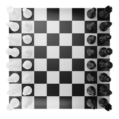 Chess board and chess piece top view clipart flat design icon isolated on transparent background, 3D render chess and board game concept