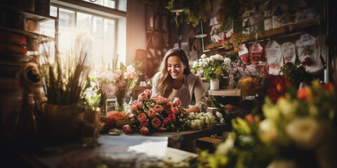Smiling woman florist arranging a beautiful bouquet of flowers in a flower shop - obrazy, fototapety, plakaty