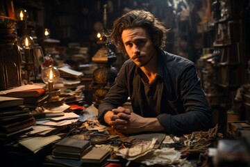 Obraz premium Writer surrounded by books and manuscripts, deep in thought, Generative AI.