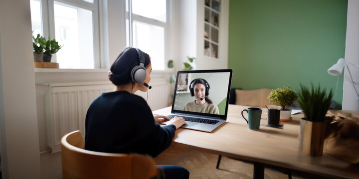 Female interacting with a language teacher on an online platform, interactive and personalized online learning experience