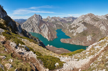 Beautiful turquoise waters reservoir and mountain landscape in Riano. Spain