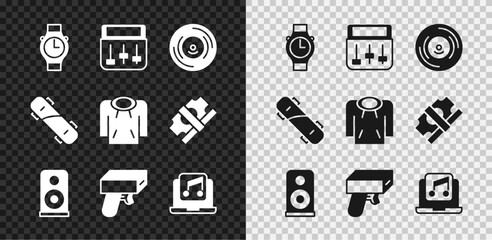 Set Wrist watch, Drum machine music, Vinyl disk, Stereo speaker, Money gun, Laptop with, Skateboard and Hoodie icon. Vector