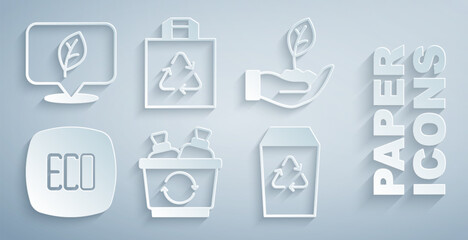 Set Recycle bin, Plant hand, Leaf Eco symbol, Shopping bag with recycle and Location leaf icon. Vector