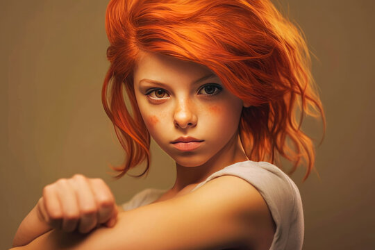 Strong confident girl with red hair clenching her fist looks at the camera. We can do it. Woman's fist of female power. The feminine power. Female empowerment. The strength of women.