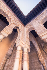 Vertical shot of Lion's Yard with a blue sky in the background, in Granada, Spain