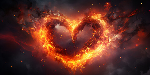 Fototapeta na wymiar A burning heart is shown with the word love on it. Heart made of fire and flame Abstract heart with flame and water combined stock photo generative ai