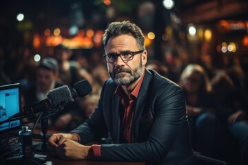 Fototapeta premium a man gives an interview in front of an audience