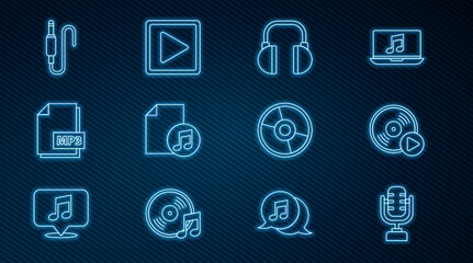 Set line Microphone, Vinyl disk, Headphones, Music book with note, MP3 file document, Audio jack, CD or DVD and Play square icon. Vector