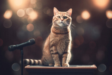 a cat is singing on stage
