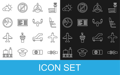 Set line Safety belt, Plane, Airplane seat, propeller, Airport board, Radar with targets on monitor, Sun and cloud weather and Aircraft steering helm icon. Vector
