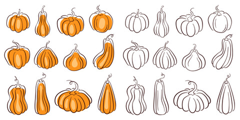 Pumpkins set black and white icons. Halloween collection. Vector illustration isolated on a white background.