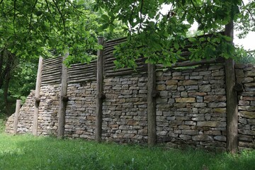 Brick stone wall with grasses