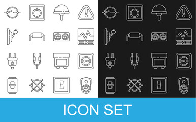 Set line Electrical outlet, measuring instruments, Light emitting diode, Resistor electricity, panel, circuit scheme and icon. Vector