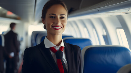 Cheerful woman stewardess in airline air hostess uniform standing in aisle of aeroplane passenger salon