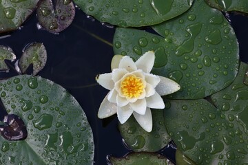 Top view of a white water lily flowers over the water with large leaves around