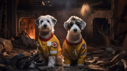 Rescue dog, search team of dogs in a firefighter uniform against the backdrop of a disaster after an earthquake in the city. Created in AI.