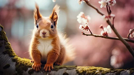 Zelfklevend Fotobehang Red squirrel perched on a tree in a springtime park. © Ziyan Yang