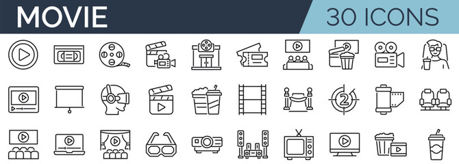Set of 30 outline icons related to movie, cinema. Linear icon collection. Editable stroke. Vector illustration
