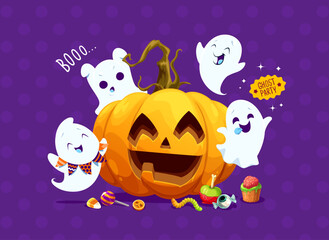 Halloween funny kawaii ghosts and holiday pumpkin with horror night spooky sweets, cartoon vector. Halloween trick or treat holiday party poster with scary pumpkin and funny boo ghosts and candy skull