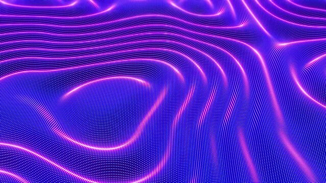 3D neon waving surface. Digital sound concept: sound waves flowing on blue pixelated surface. Abstract visualization of big data, artificial intelligence and neural network. Seamless loop animation.