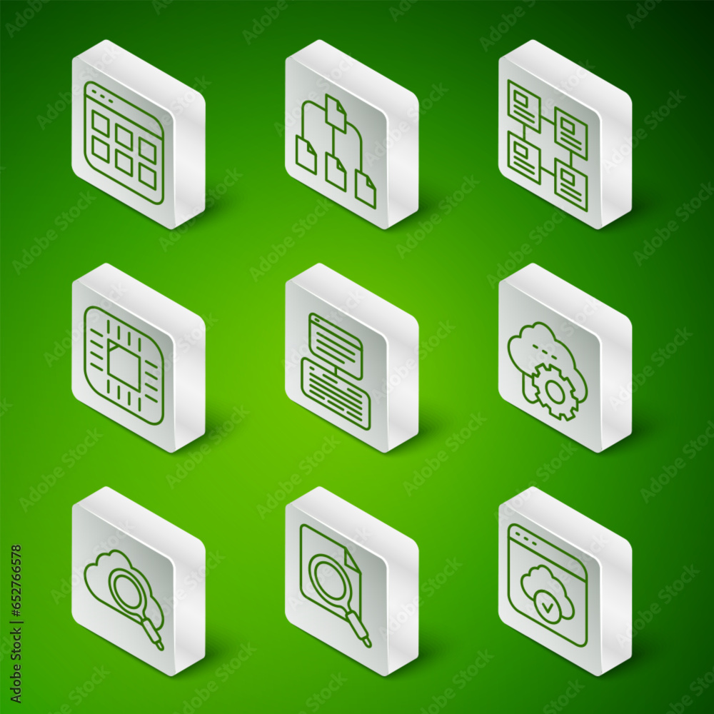 Poster set line cloud technology data transfer, search concept with folder, browser files, server, data, we