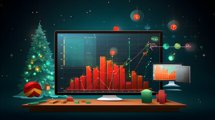 Graph on laptop screen with statistics and data. Holiday version. - obrazy, fototapety, plakaty