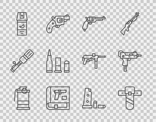 Set line Hand smoke grenade, Knife holster, Revolver gun, Book with pistol or, Pepper spray, Bullet, Gun magazine bullets and UZI submachine icon. Vector
