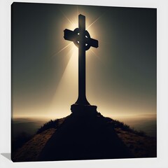 a sword looks like a cross on a hill silhouetted with light shining from the sun behind it epic rule of thirds majestic V4 