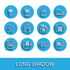 Set line Calendar, Christmas postcard, Balloons with snowflake, Bow tie, Coffee cup, Glass champagne, and Merry house icon. Vector