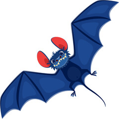 Halloween flying bat, horror night holiday spooky monster, cartoon isolated vector. Happy Halloween holiday character of vampire bat flying with scary fangs and spooky smile for trick or treat party