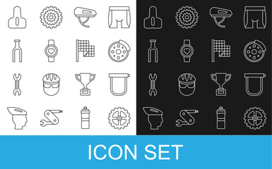 Set line Bicycle sprocket crank, lock, brake disc, helmet, Smart watch, fork, seat and Checkered flag icon. Vector