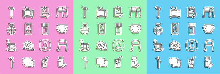 Set line Medicine bottle and pills, Walker, Adult diaper, Medical prescription, Emergency phone call, Disco ball, Walking stick cane and icon. Vector