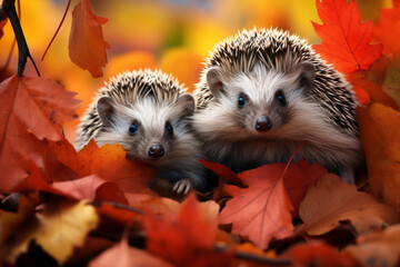 Fototapeta premium Family couple mammal prickly nature hedgehog wild forest european animal wildlife