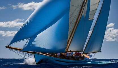 photograph captures the essence of a beautiful day on the Saint Tropez Coast the big sail is in Klein Blue color the stunning blue sky and the vast ocean make for a beautiful photo photorealistic 