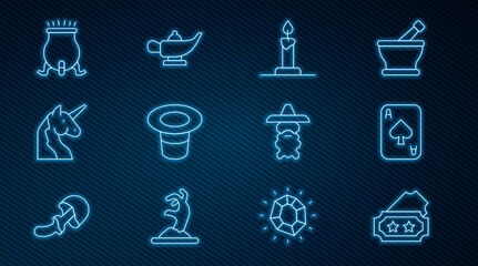Set line Ticket, Playing cards, Burning candle candlestick, Magic hat, Unicorn, Witch cauldron, Wizard warlock and lamp Aladdin icon. Vector