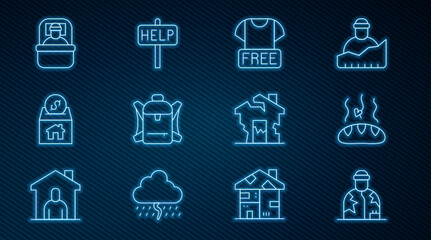 Set line Homeless, Donation food, Clothes donation, Hiking backpack, and charity, Sleeping bag, Ruined house and Ask for help text icon. Vector