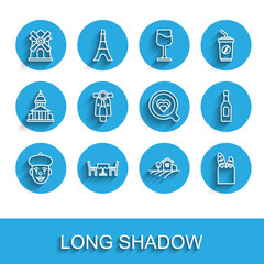 Set line French mime, cafe, Windmill, Village landscape, baguette bread, Scooter, Champagne bottle and Coffee cup icon. Vector