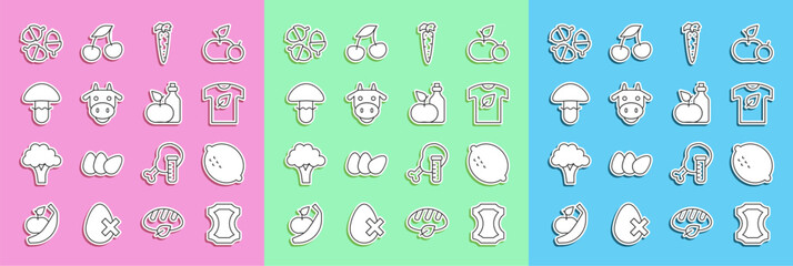 Set line Leather, Lemon, Vegan shirt, Carrot, Cow head, Mushroom, Acorn and Apple cider vinegar in bottle icon. Vector